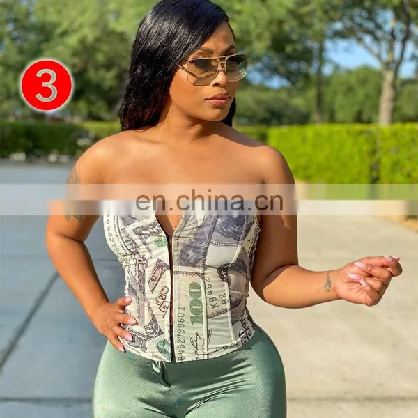 Dollar Print Women Corset Top Tanks Crops Lace Up Bandage Cross Buster V Neck Bodycon Sexy Party Streetwear Club Elegant photo-2