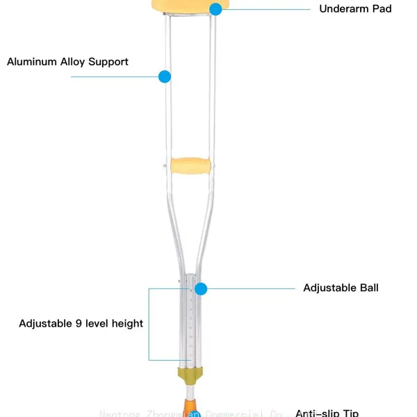 Béquilles axillaires en aluminium léger et réglables, avec des options en acier inoxydable, dotées de coussins confortables et de pointes anti-dérapantes pour adultes et enfants