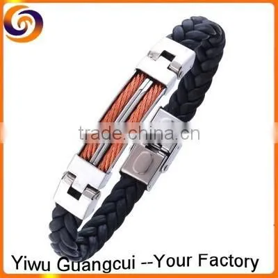 Fashion Stainless Steel Black pu Leather Wire Bangle for Men