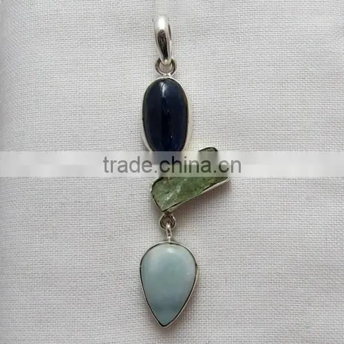 Artisan Kyanite & Prehnite & Larimar 925 Sterling Silver Pendant, Gemstone Silver Jewelry, Handmade Silver Jewelry photo-5