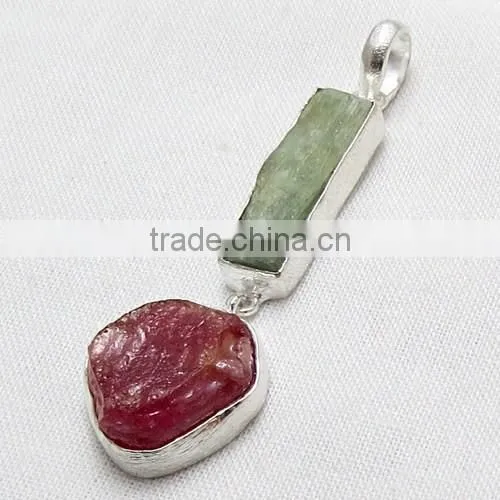 Delicate Rough Prehnite & Ruby 925 Sterling Silver Pendant, Wholesale Silver Jewellery, Silver Jewellery photo-3