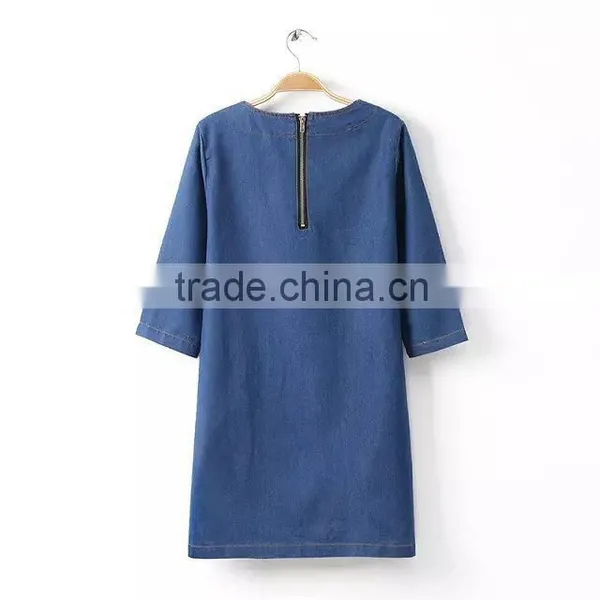 2015 New Arrival Latest Half Sleeve Denim Woman Dress Blue Denim Woman Dress photo-3
