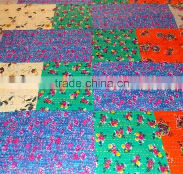 Handmade Patchwork Kantha Bedspread Printed Kantha Quilt Queen Size Made By Artisians of India Printed Patches With Hand Kantha photo-4
