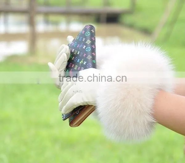 Top Luxury Fashion Desgin Beautiful Fox Fur Wrist Ladies Sheepskin Leather Gloves photo-4