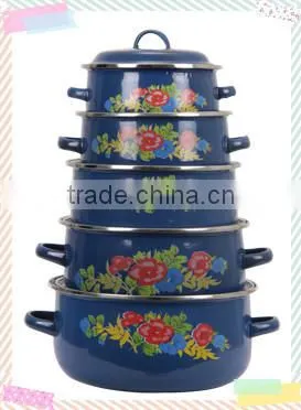 New Design Practical Blue Enamel Cookware Set Kitchenware Enamel Pot 5 Pcs Stock Belly Pot With Double Handle