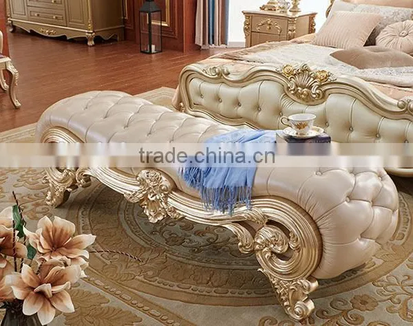 Luxury solid wood bedroom furniture golden carving leather bed bench
