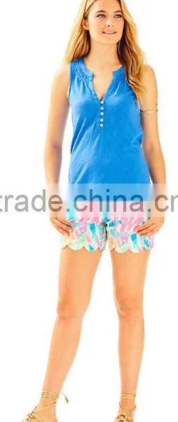 2017 Women Essie Top Sleeveless Button Front Placket Smocked Neckline Cotton Polyester Printed photo-3