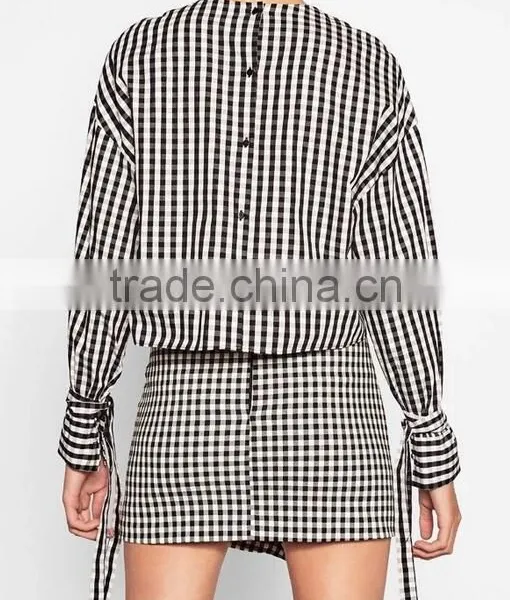 Runwaylover EY2333B Europe Style 2017 Women Fashion Flare Sleeve Plaid Blouse photo-2