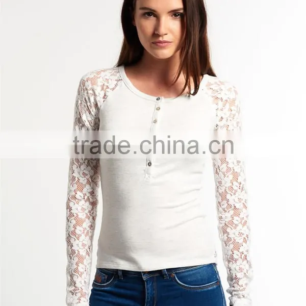 2016 Guangzhou Shandao OEM/ODM Custom Design Casual Long Lace Sleeve Round Neck Bodycon White Cotton Sexy Western Tops Ladies photo-2