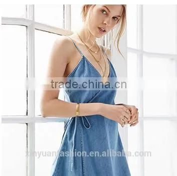 Apparel Denim Sexy Blue Plunge Neck Dress Spaghetti Strap Sashes Wrap Dresses Backless Sleeveless Street A-line Dress photo-2