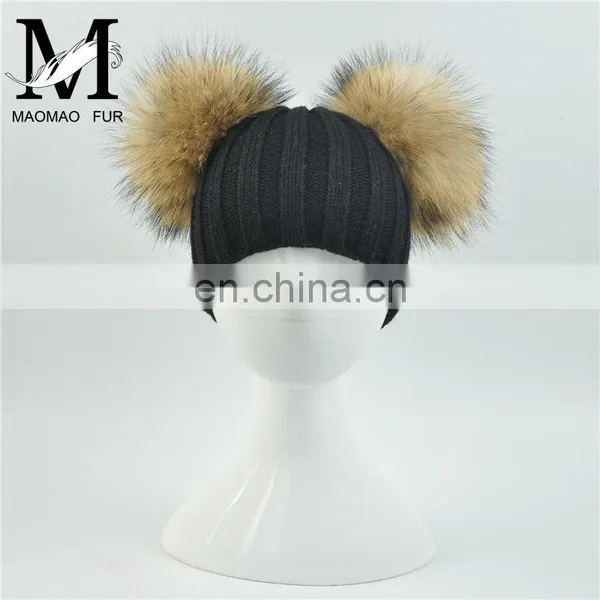 Wholesale Fashion Cheap Kids Knitted Hats Real Fur Two Poms Kids Hat Winter photo-2