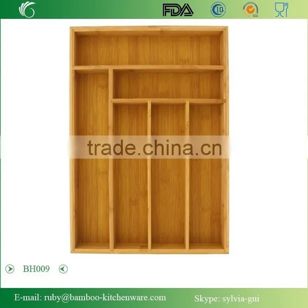 BH009/ 6-Slot Kitchen Bamboo Drawer Organizer With Flatware Cutlery Accessories or Gadgets Tray photo-3
