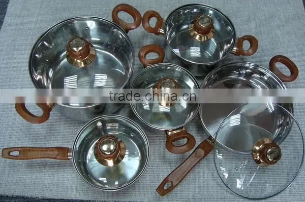 12 Pieces Stainess Steel Cookware Pot Set With Brown Color Lid