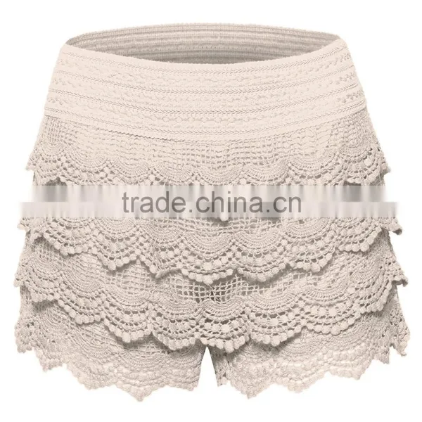 Women's Elastic Waist Lined Crochet Lace Scallop Hem Casual Mini Summer Shorts photo-6