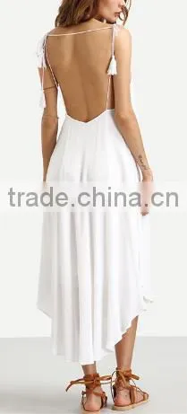 2016 Beach Wear White Spaghetti Strap Tassel Backless Sleeveless V Neck Asymmetrical High Low Midi Dress photo-2