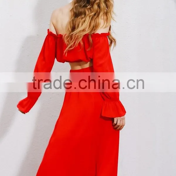 New Design 2017 Summer Two Piece Set Party Sexy Dress Women Vintage Club Off Shoulder Chiffon Red Long Maxi Dress photo-4