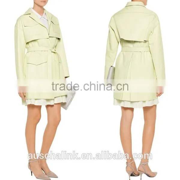 Fashion Design Women Light Green Leather Trench Coat OEM Service photo-5