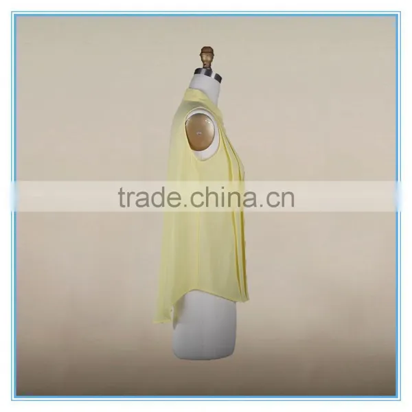 Fashion Ladies Fancy Sleeveless Tops Chiffon Yellow Shirt Pleated Design photo-3