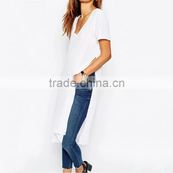 Girls Longline Plain White v Neck 100 Cotton White t Shirt photo-3