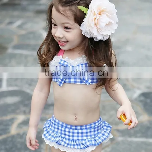 Gingham Swimsuit With Lace Trimming Little Girl Sling Swimwear Summer Bikini photo-2