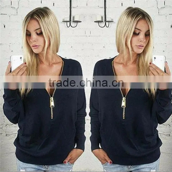 Sexy Deep V-neck Zipper Bat Sleeve Long Sleeve T-shirt Woman Who Dress Dress photo-3
