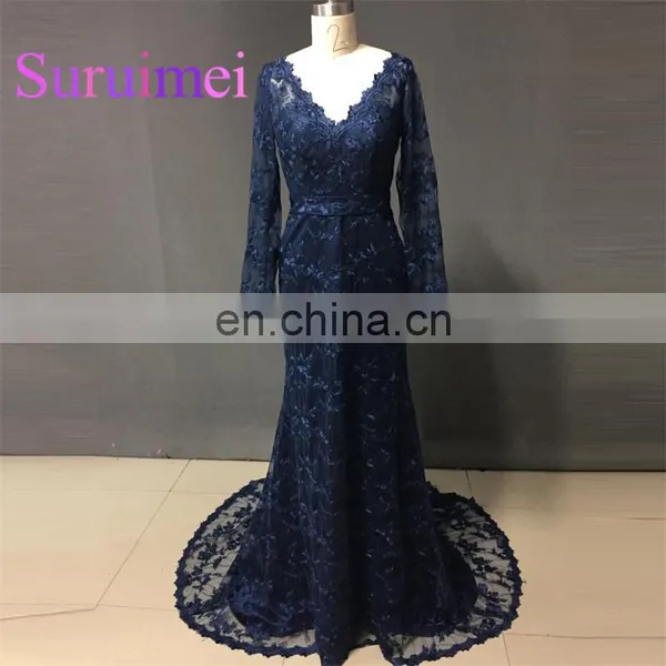 Navy Blue Prom Dresses Vestiods de Noiva Long Sleeves With Lace Evening Gowns