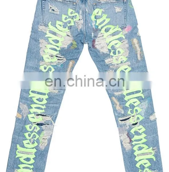 Diznew OEM Denim Baggy Pants Distressed Streetwear Ripped Embroidered Mens Jeans photo-2