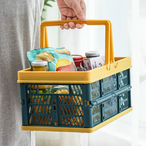 Collapsible Shopping Basket, Foldable Storage Containers, Plastic Stackable Picnic Basket With Handle photo-4