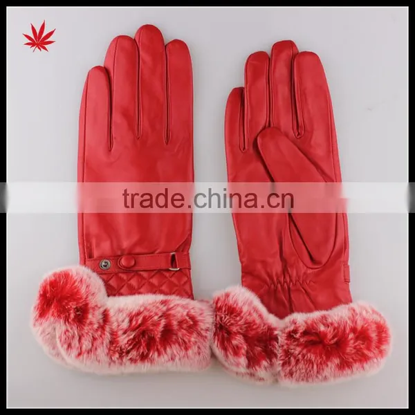 Rabbit Fur Trim Leather Gloves for Women Genuine Fur photo-2