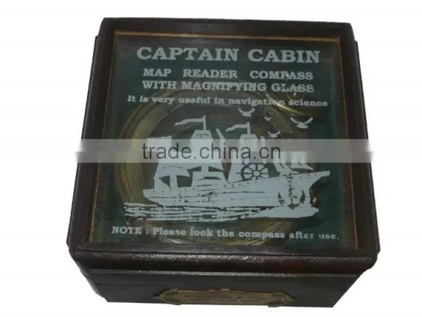 BRASS , GLASS, ANTIQUE LOOK COMPASS - GIFT COMPASS WITH WOOD BOX 13527 photo-3