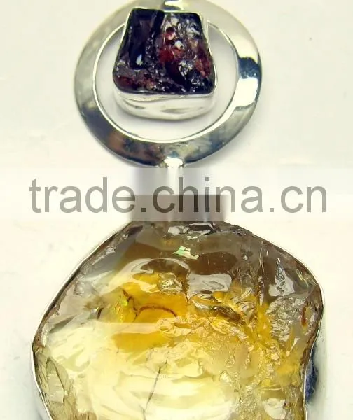 Citrine & Garnet Rough Gemstone Pendant, 925 Solid Sterling Silver Pendant, Designer Raw Bezel Pendant photo-3