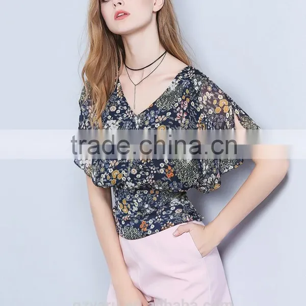 Latest Fashion Design Backless Chiffon V-neck Priting Slim Fit Shirts Ladies Tops photo-3