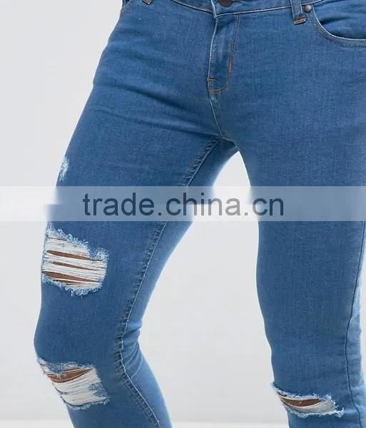 Wholesale Designer Denim Super Skinny Spray on Jeans Custom Men's Ripped Damaged Jeans Pants photo-5