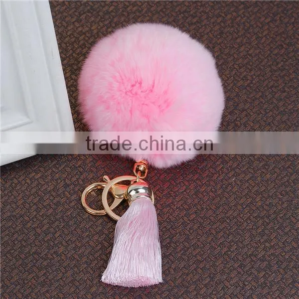 Gold Plated Pink Angora Pom Pom Ball Rayon Tassel Custom Key Chain photo-2