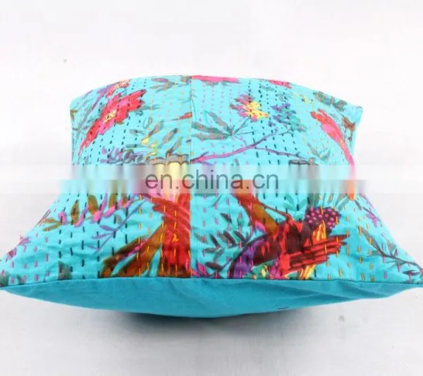 Hand Stitched Handmade Indian Green Bird Floral Design Cushion Cover Decorative Pillow Cover Handmade Kantha Cushion Cover photo-3