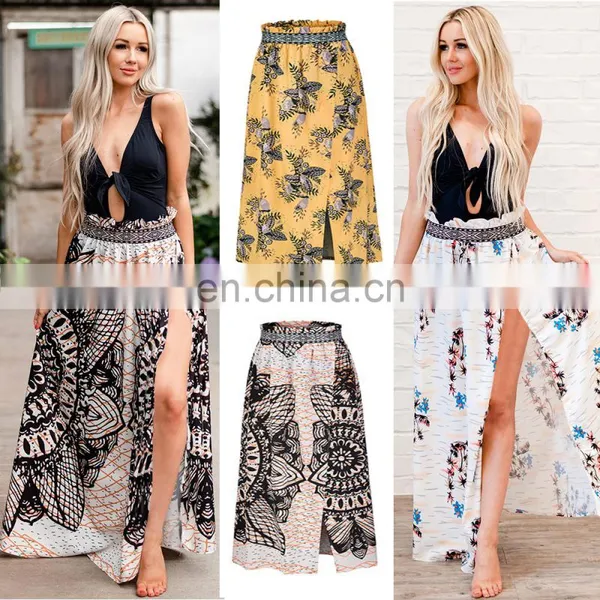 2020 Summer New Arrivals Ladies Sexy Slit Printed Long Skirt Women Casual Floral Skirt photo-5