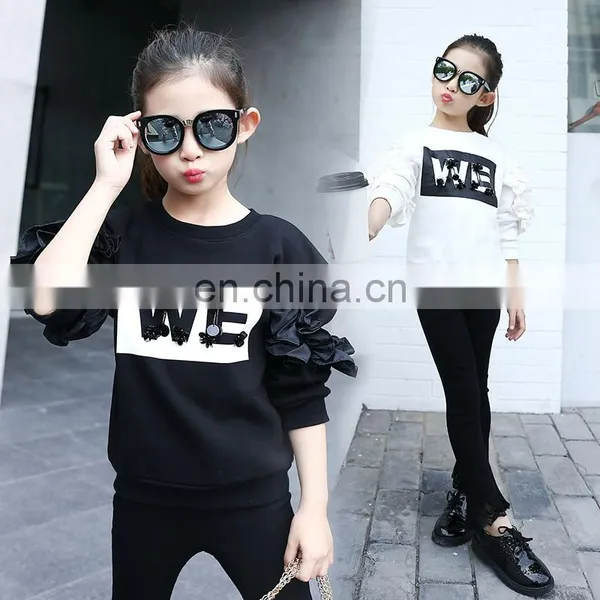 Teenager Girls White Sweater Long Sleeves Black Ruffle Sleeves Shirt for Fall Kids Girls Fashion Casual Top 5-9years photo-2