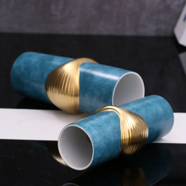 Light Luxury Blue Leather Concave Gild Ceramic Vase For Shopping Mall Hotel Decor photo-4