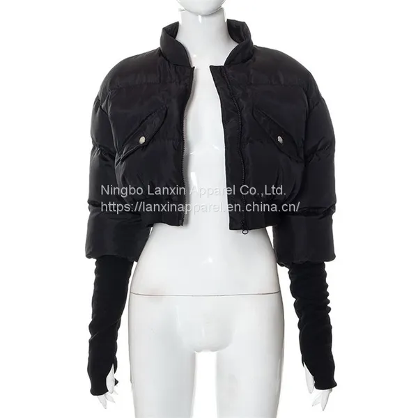 Womens CROPPED QUILTED PUFFER JACKET Thumb Hole Long Sleeve Sexy Casual Zip Up Winter Padding Short Bomber Coat photo-3