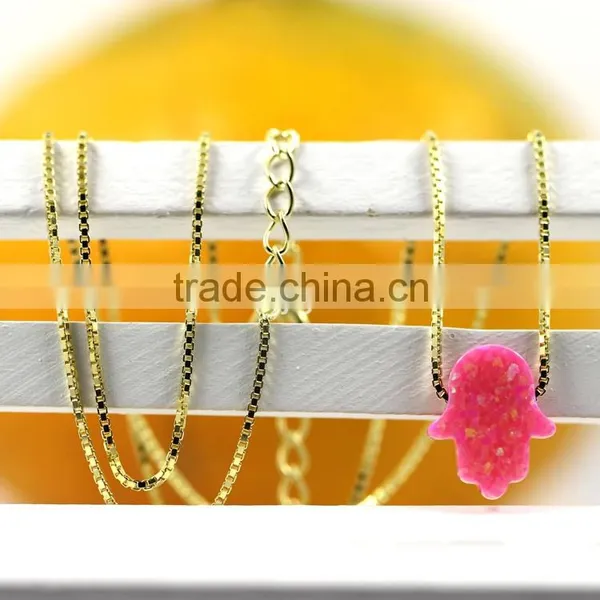High Quality Synthetic Pink Opal Hamsa/Hand Opal 18K Gold Plated 925 Sterling Silver Box Chain Necklace Made in China photo-4