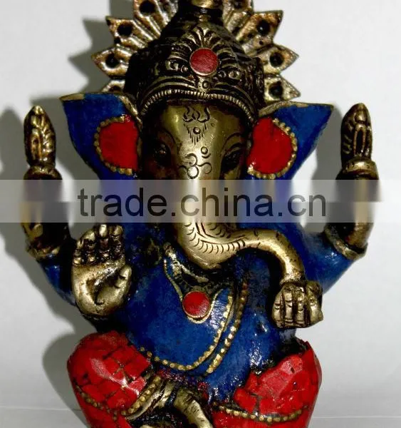 BRASS GANESHA STATUE W/LEPIS & CORAL