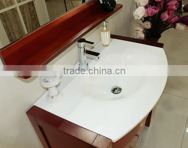 Glass Wash Basin Red Color Wood Cabinet Solid Wood Bathroom Furniture No.1004B photo-4