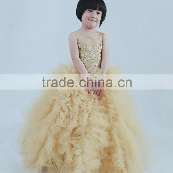 FG6 Real Sample Pictures Puffy Tulle Skirt Gold Flower Baby Girls Long Children Wedding Dresses photo-6