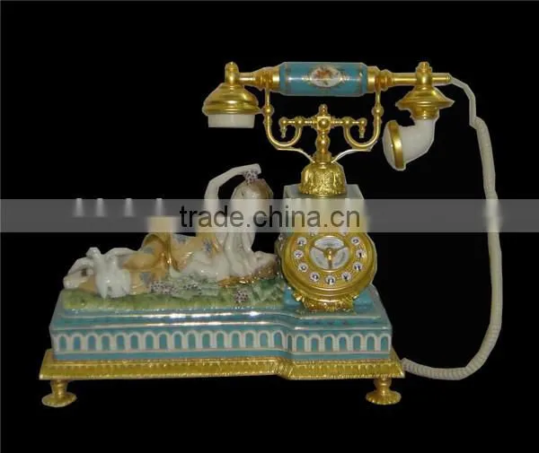 Antique Curio Ceramic Telephone Table Clock, Gold Plated Brass Footed Desk Clock, Collectable Home Decorative Table Clock photo-2
