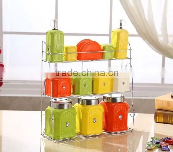 Kitchen Ceramic Canister Set With Stainless Metal Stand photo-4