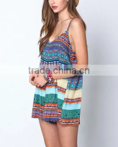 Spaghetti Strap U-neck Indie Festival Print Romper Sexy Casual Jumpsuit photo-4