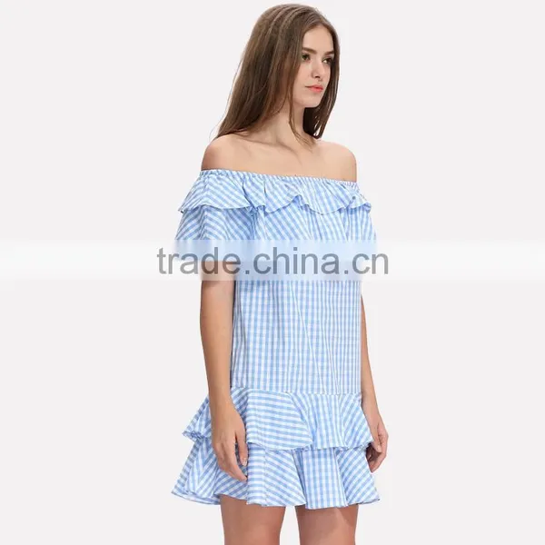 Off Shoulder Design Woman Summer Fashion Striped Blue Short Falbala Dress photo-4