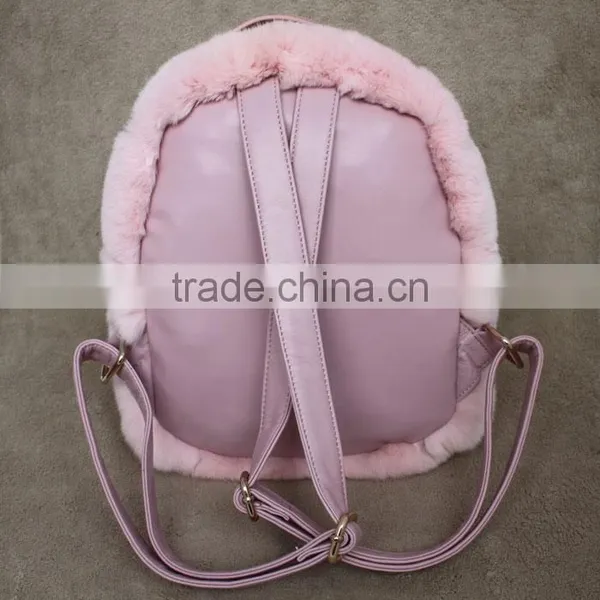 Myfur Baby Pink Girls Real Rabbit Fur Trim Leather Backpack Bag Wholesale photo-4