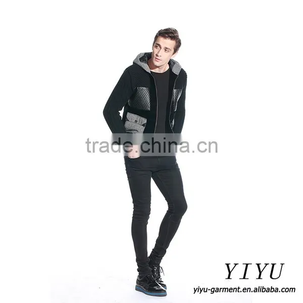 Men Patchwork Leather Knitted Jackets Coat Alpaca Hooded Sweater With Zipper photo-6