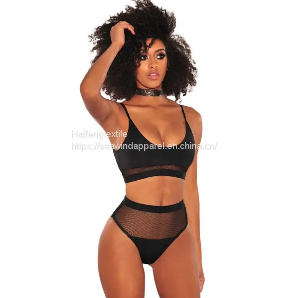 New Black Fishnet Mesh High Waist Thin Shoulder Strap Bikini Set Women Sexy See Through Swimwear photo-2